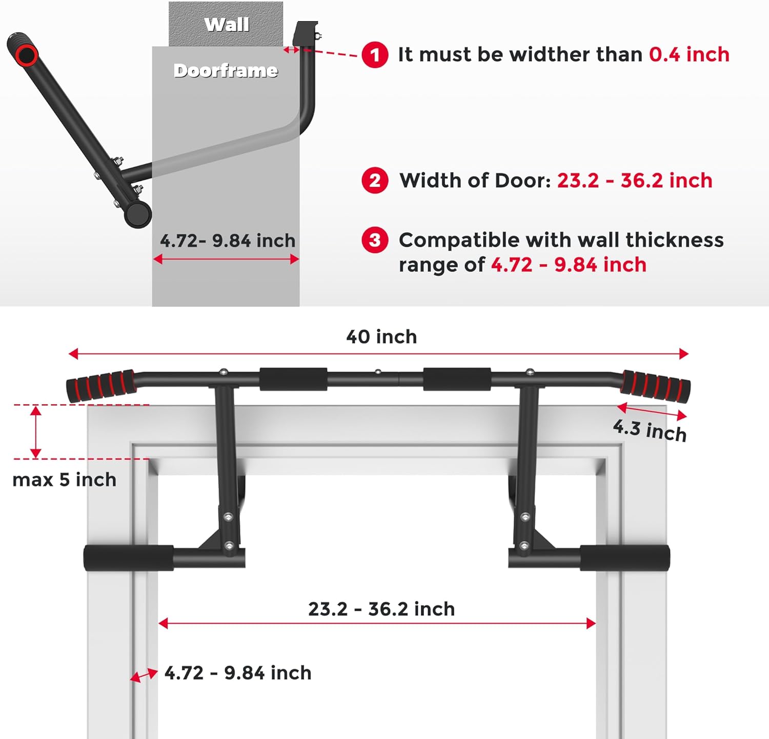 ONETWOFIT Pull Up Bar for Doorway, 440 lbs Heavy Duty Upper Body Fitness Workout Bar for Home Gym Exercise, Multi-Grip Strength Wall Mounted Door Frame Chin-Up Bar for Almost All Doors - Image 2