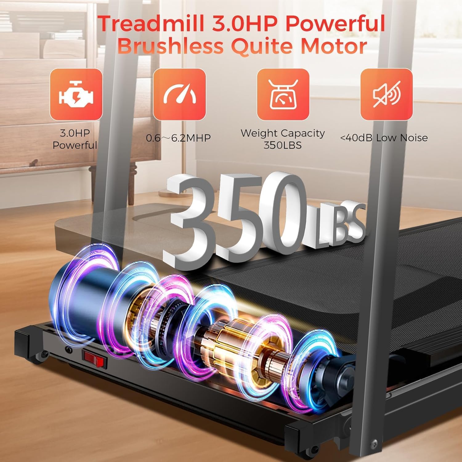 Treadmill with Handles, Portable Small Treadmills for Home and Office, 3.0HP Folding Walking Pad with 300 lbs Capacity, Cup Holder, LED Display and 12 Preset Programs - Image 7