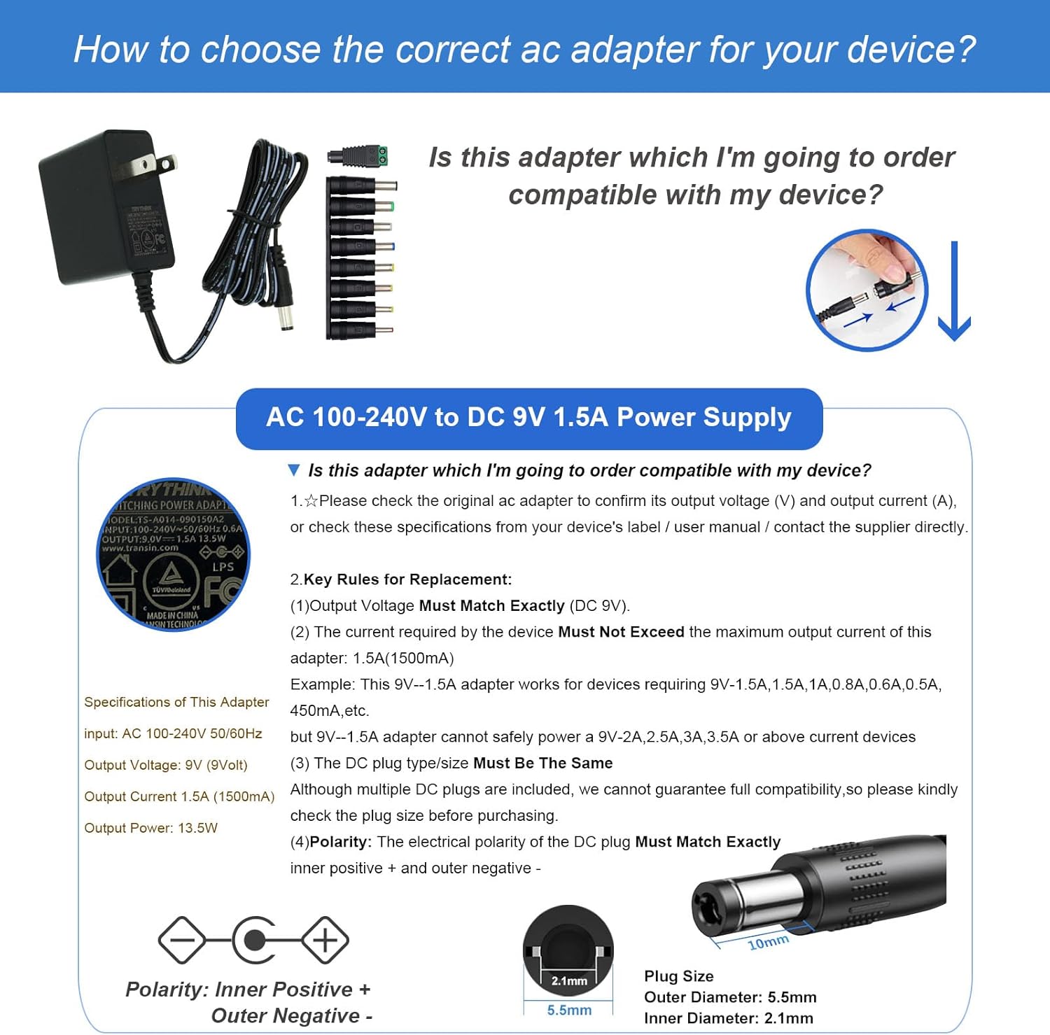 9V Power Supply,9V 1.5A 13.5W Universal 100-240V AC to DC 9Volts 1.5A 1A 0.8A 0.5A 450mA Power Adapter with 9 Plugs for LED Strip Light Camera Router Elliptical Trainer -Center Positive 5.5x2.1mm Plug - Image 6