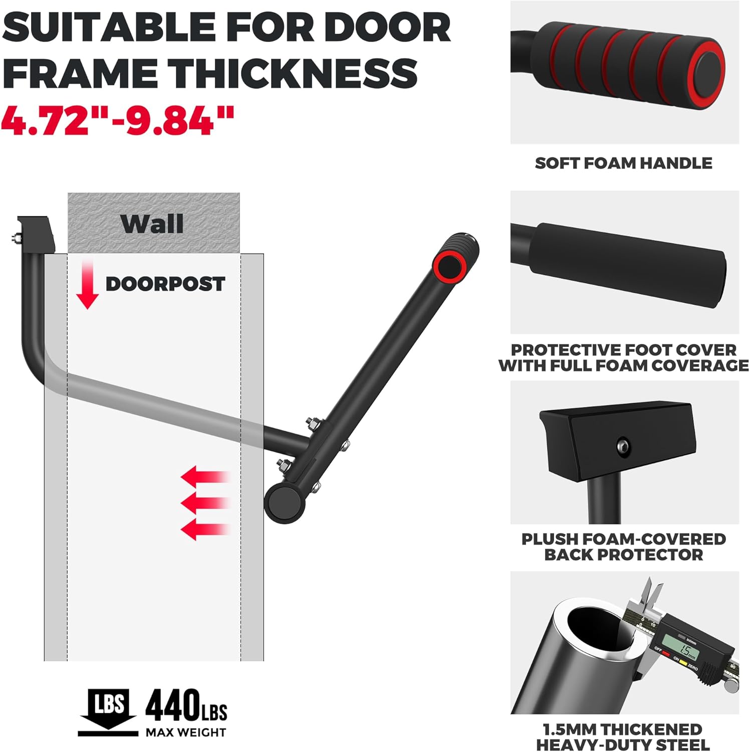 ONETWOFIT Pull Up Bar for Doorway, 440 lbs Heavy Duty Upper Body Fitness Workout Bar for Home Gym Exercise, Multi-Grip Strength Wall Mounted Door Frame Chin-Up Bar for Almost All Doors - Image 3