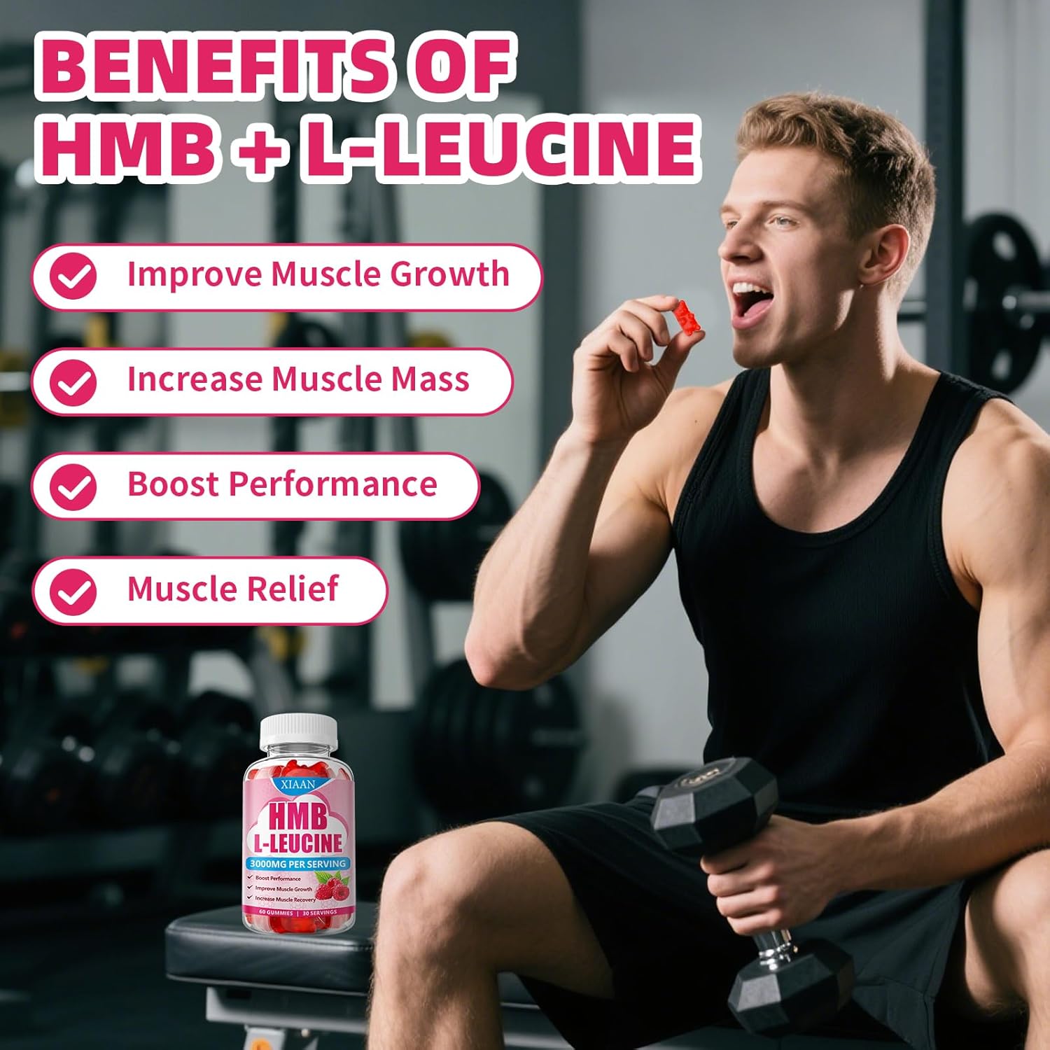 HMB and Leucine Gummies for Men & Women, 3000mg Leucine HMB Amino Acids Supplement for Muscle Growth, Muscle Relief and Workout Recovery, Sugar-Free, Raspberry Flavor, 60 Count - Image 3