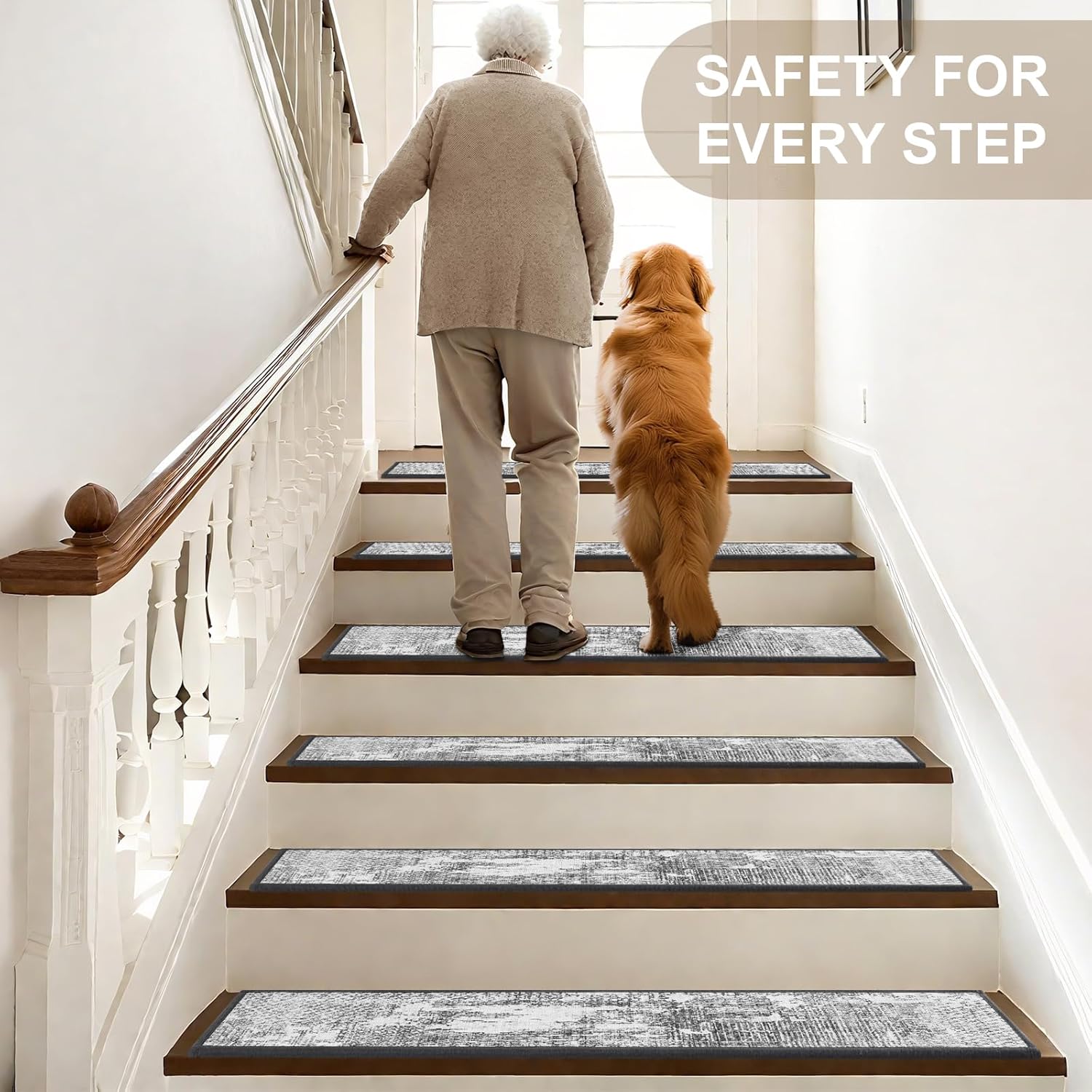 Non Slip Stair Treads for Wooden Steps Indoor, Grey, 15pcs, 30"X8", Soft Carpet Mat, Machine Washable Boho Carpet Treads with Reusable Adhesive Backing, Safety Stair Tread for Dogs, Kids, Elders - Image 3