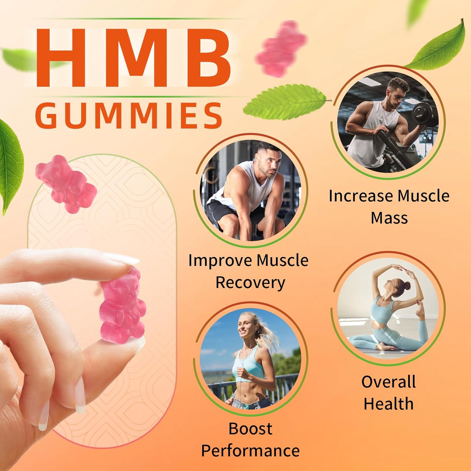 HMB and Leucine Gummies Supplement: HMB Supplements for Men 1500mg and Leucine Amino Acid for Muscle Recovery Increase Muscle Mass Improve Endurance Non-GMO Sugar Free Peach 60 Gummies - Image 3