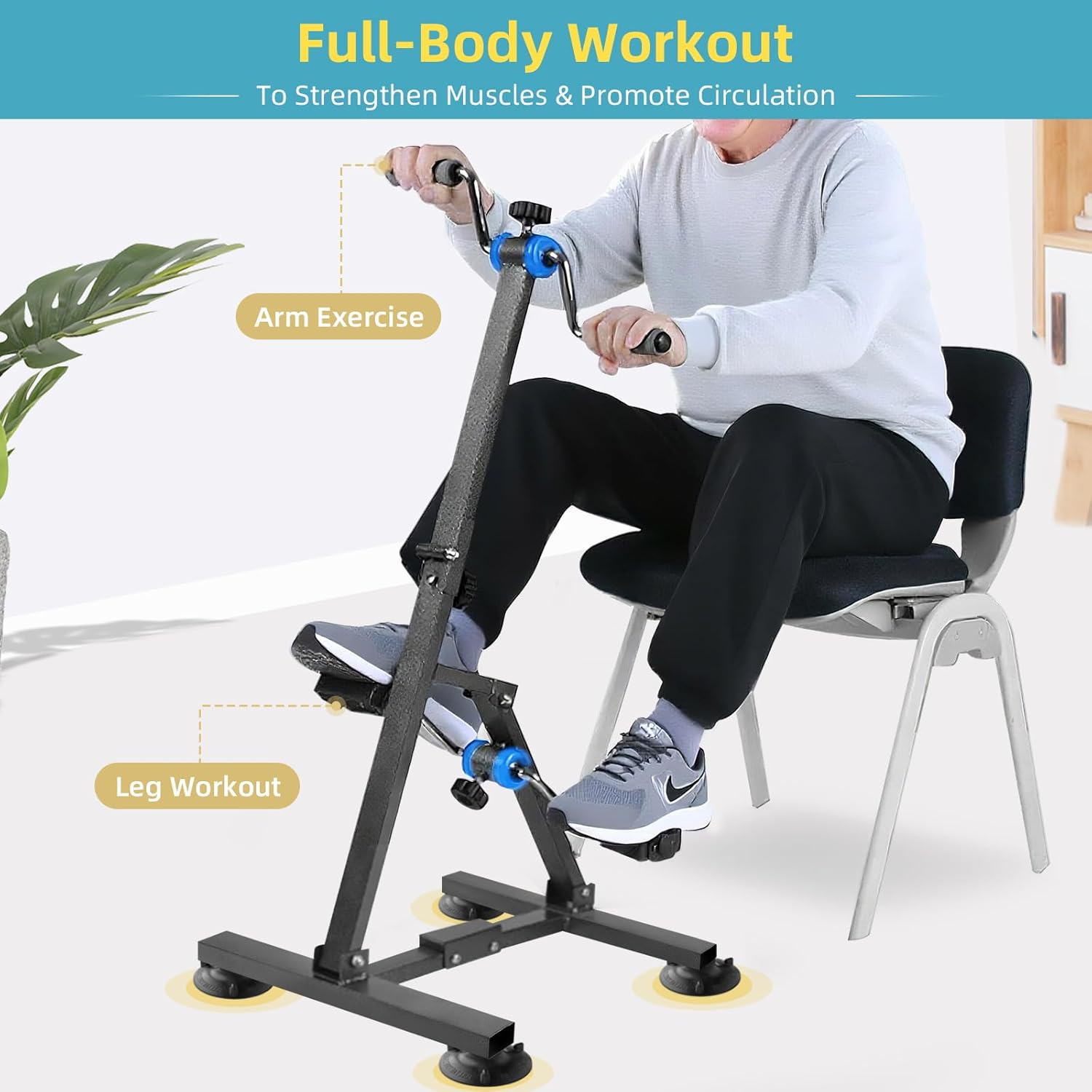Foldable Arm and Leg Exercise Bike for Seniors - 16" W×16" D×38" H Folding Pedal Exerciser with Adjustable Resistance, Knee & Foot Stroke Therapy for Adults, with Shock Absorbing Suckers, Dark Grey - Image 2