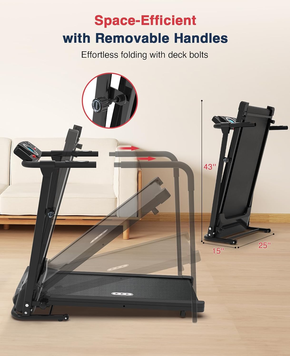 Redliro Treadmill for Seniors with Long Handrails - 300 lbs Capacity Walking Treadmill for Elderly with Cup Holder - Recovery Machine for Home Use with Clear, Non-Scrolling Display (Black) - Image 3