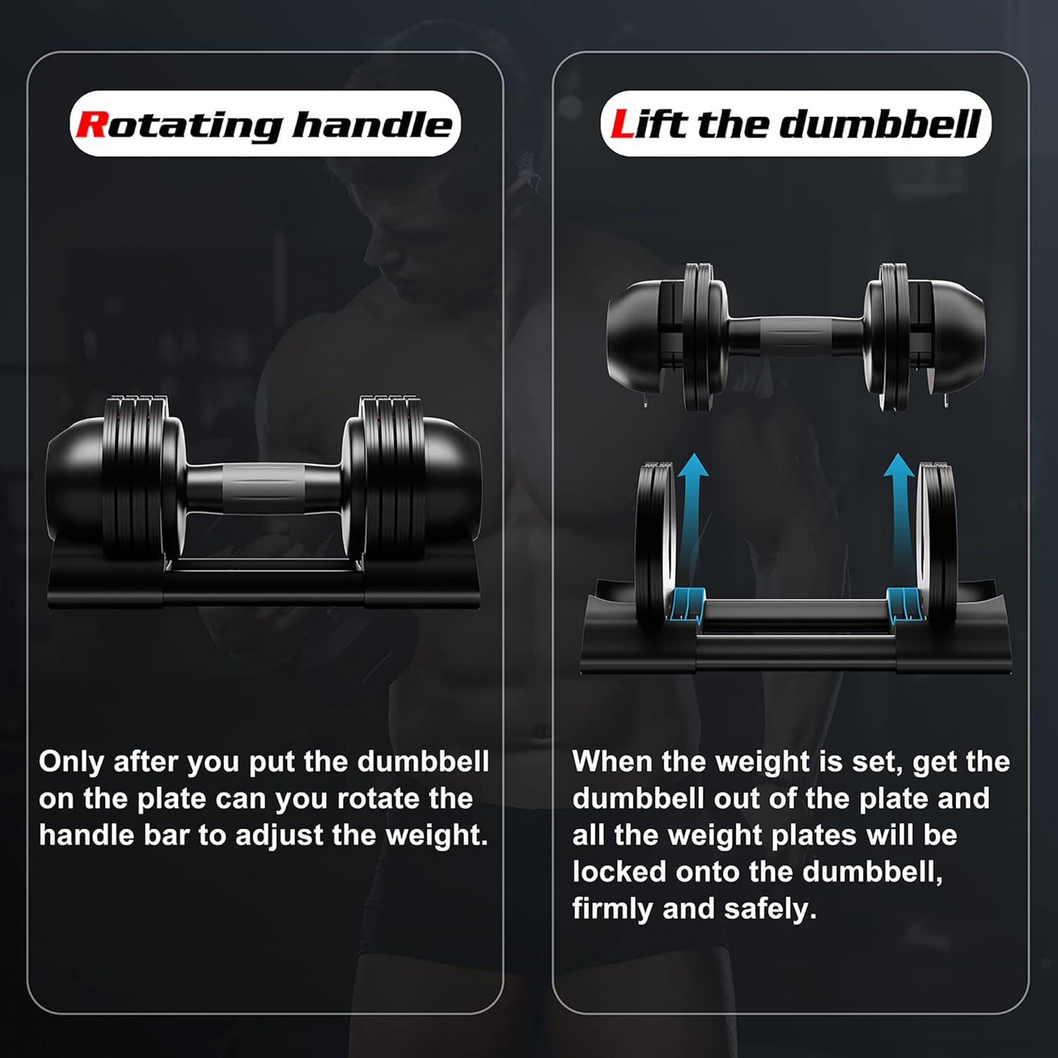 Adjustable Dumbbell,22LBS 44LBS 52LBS Dumbbell Set with Tray for Fitness, Fast Adjust Weight by Turning Anti-Slip Handle, Safety with 8 Lock Slots, Suitable for Men and Women - Image 3
