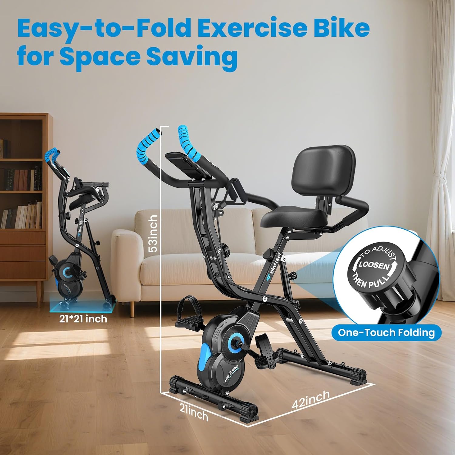Foldable Exercise Bike, Multifunctional Indoor Stationary Bikes for Home with 8-Level Magnetic Resistance, Quiet Workout Bike with Arm Resistance Bands, LCD Monitor, 300LBS Capacity - Image 8
