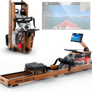 PASYOU Water Rowing Machines for Home Oak Wood Foldable Rower Machine 350LB Weight Capacity, 6 Levels Adjustable Row Machines with Monitor & Device Holder & 14L Tank, Bluetooth with Kinomap APP
