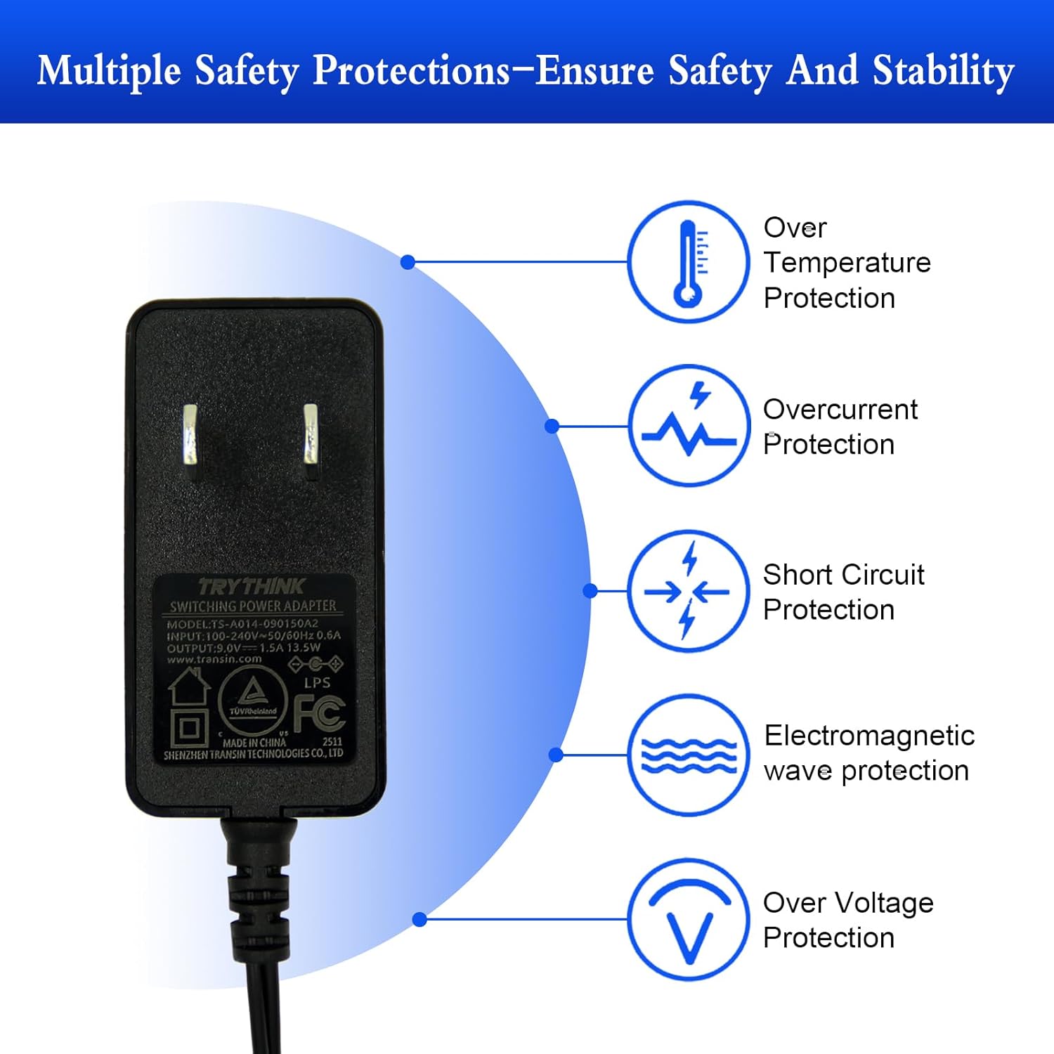 9V Power Supply,9V 1.5A 13.5W Universal 100-240V AC to DC 9Volts 1.5A 1A 0.8A 0.5A 450mA Power Adapter with 9 Plugs for LED Strip Light Camera Router Elliptical Trainer -Center Positive 5.5x2.1mm Plug - Image 9