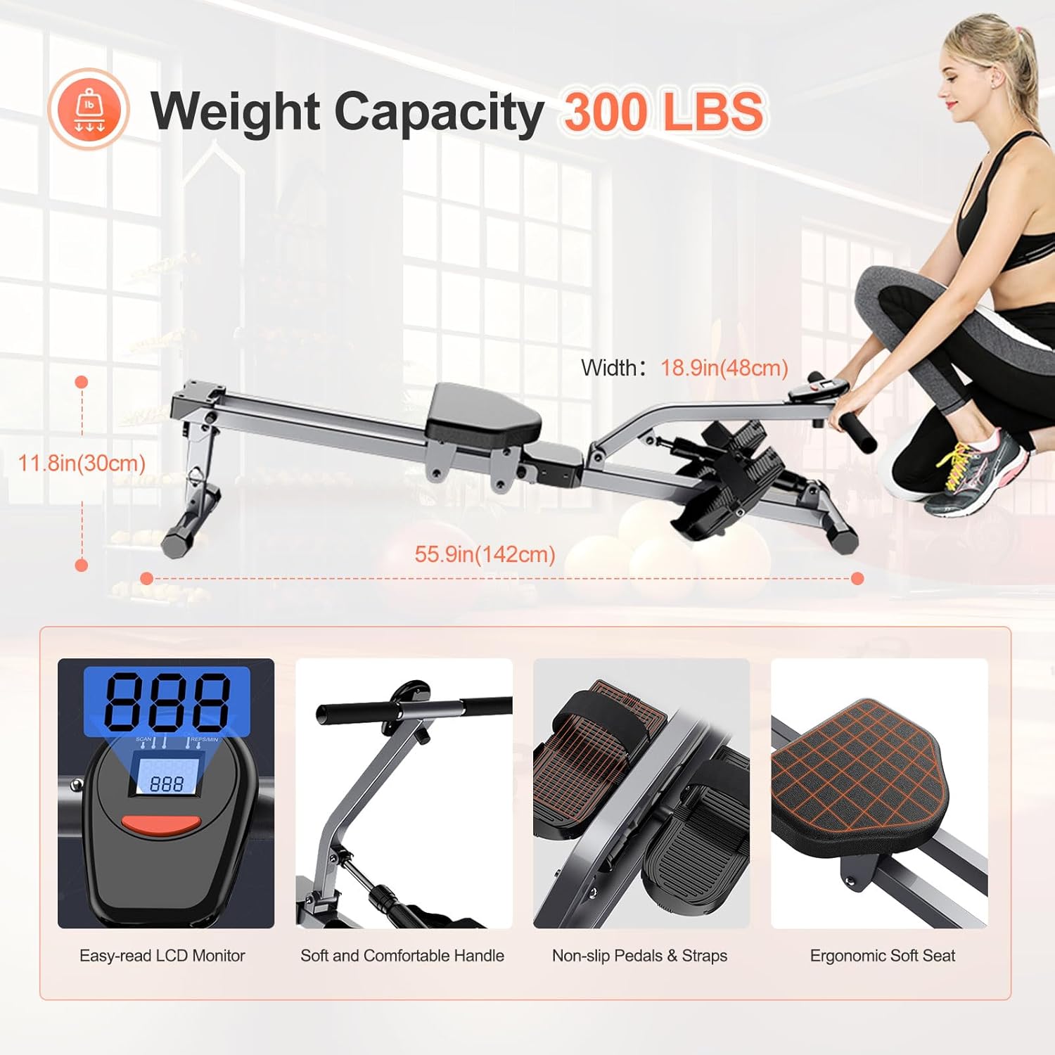 Rowing Machine, Compact Adjustable Rowing Machine 12 Levels of Complete Body Workout Resistance for Home, Low-Impact - Image 5