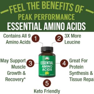 All 9 Essential Amino Acids Supplement. Capsules with 3X More Leucine for Muscle Recovery, Growth. EAA Supplement Better Than BCAA/BCAAS Branched Chain Aminos Acid. USA Tested EAAs for Men + Women