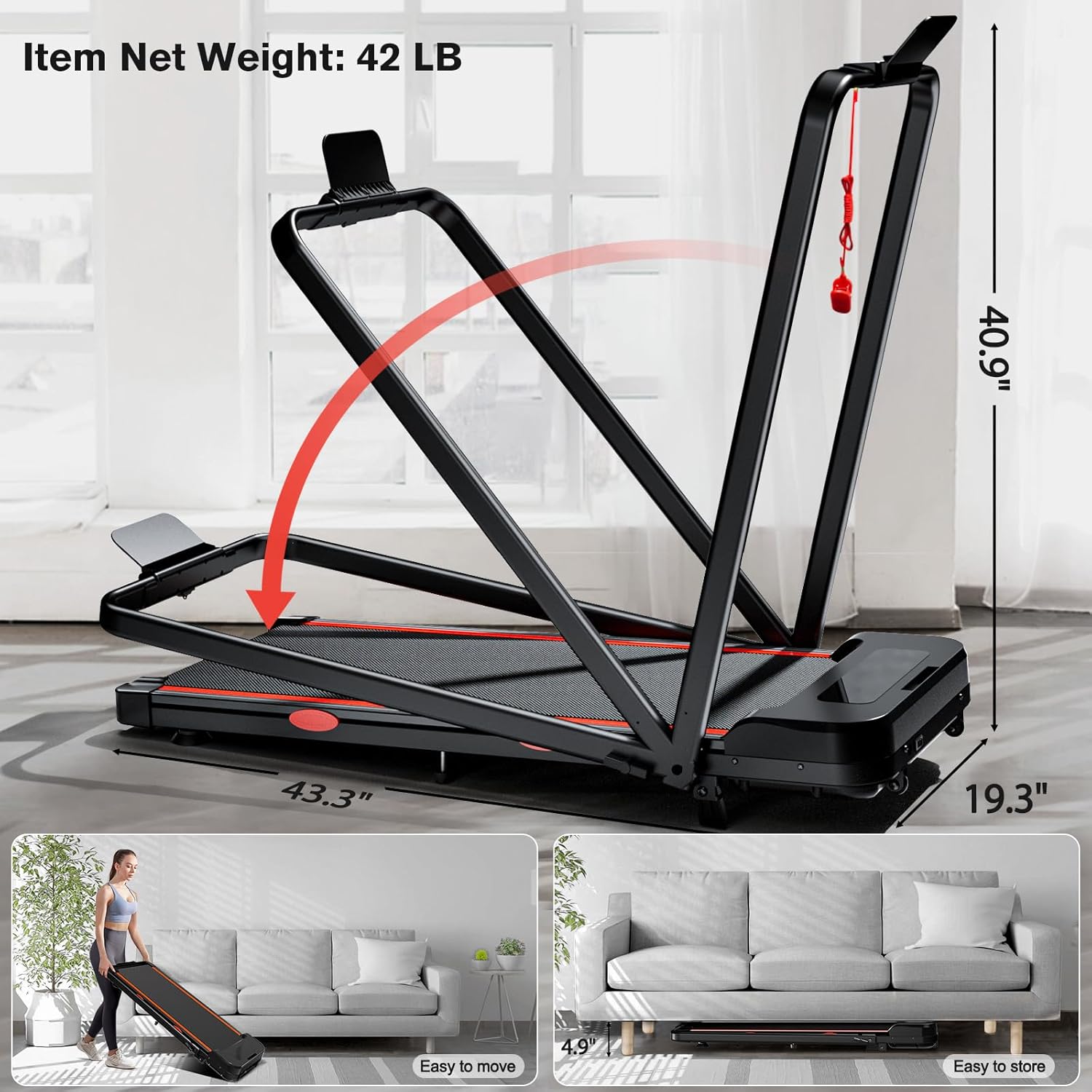Incline Treadmill for Home, 300+ lb Capacity, Quiet Foldable Treadmills with Handle Bar, Compact Running Machine Walking Pad with APP - Image 6