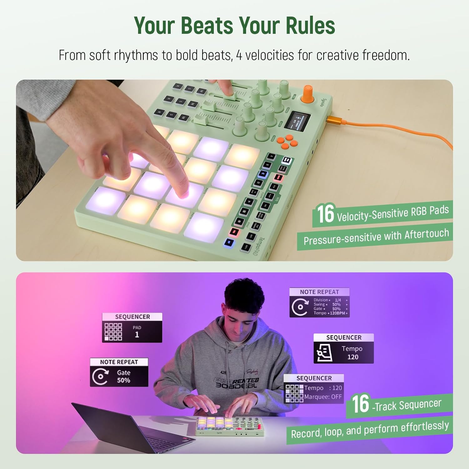 Midi Pad Controller, Portable Beat Maker Machine with Drum Pads, Beginners Beating Pad Velocity Sensitive, LED Display for Music Production (Wireless MIDI) - Image 4