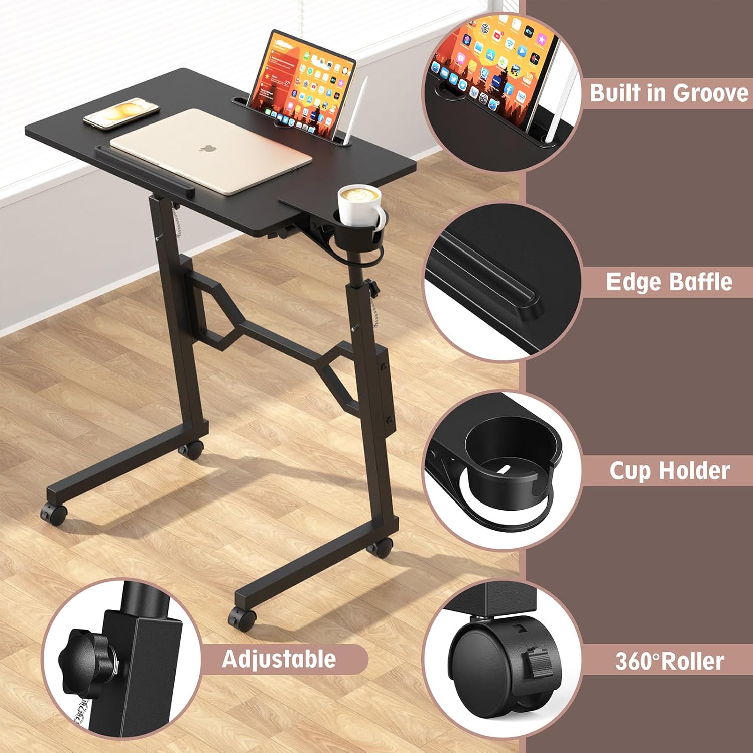 Small Standing Desk with Wheels, Portable Treadmill Desk, Rolling Desk Adjustable Height for Laptop, Mobile Standing Table for Walking Pad, Bedside Table - Image 6
