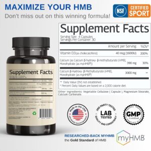 HMB 3000mg and Vitamin D3 Supplement Capsules per Serving *USA Made & Tested* Promotes Muscle Growth & Recovery – HMB Supplement and Vitamin D3 (1600 IU) – 120 Capsules 30 Servings