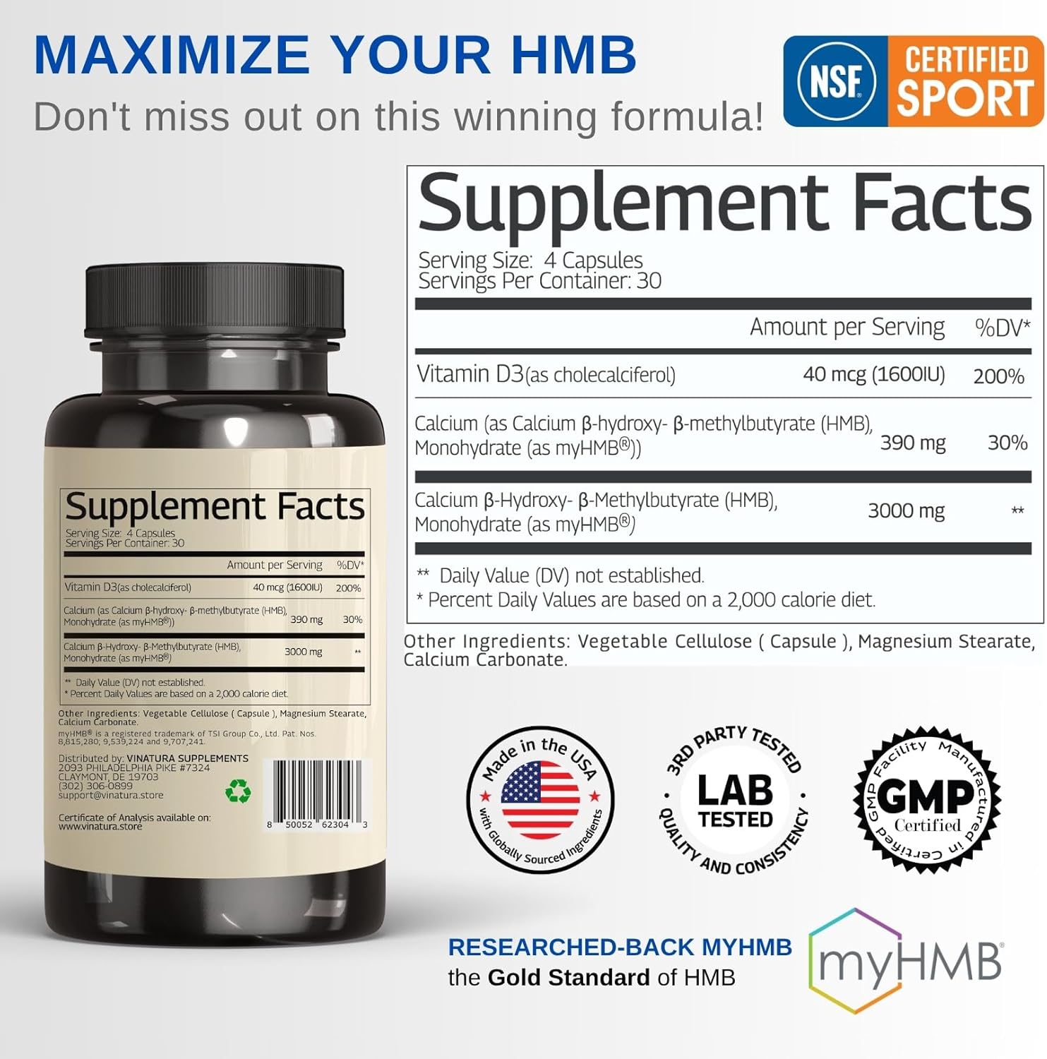 HMB 3000mg and Vitamin D3 Supplement Capsules per Serving *USA Made & Tested* Promotes Muscle Growth & Recovery - HMB Supplement and Vitamin D3 (1600 IU) - 120 Capsules 30 Servings - Image 2
