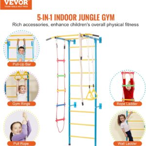VEVOR Indoor Jungle Gym for Toddlers, 5-in-1 Climbing Playset with Carbon Steel Swedish Ladder, Wall Ladder, Pull-Up Bar, Rope Ladder, and Gymnastic Rings, Supports 220 lbs, Multicolor