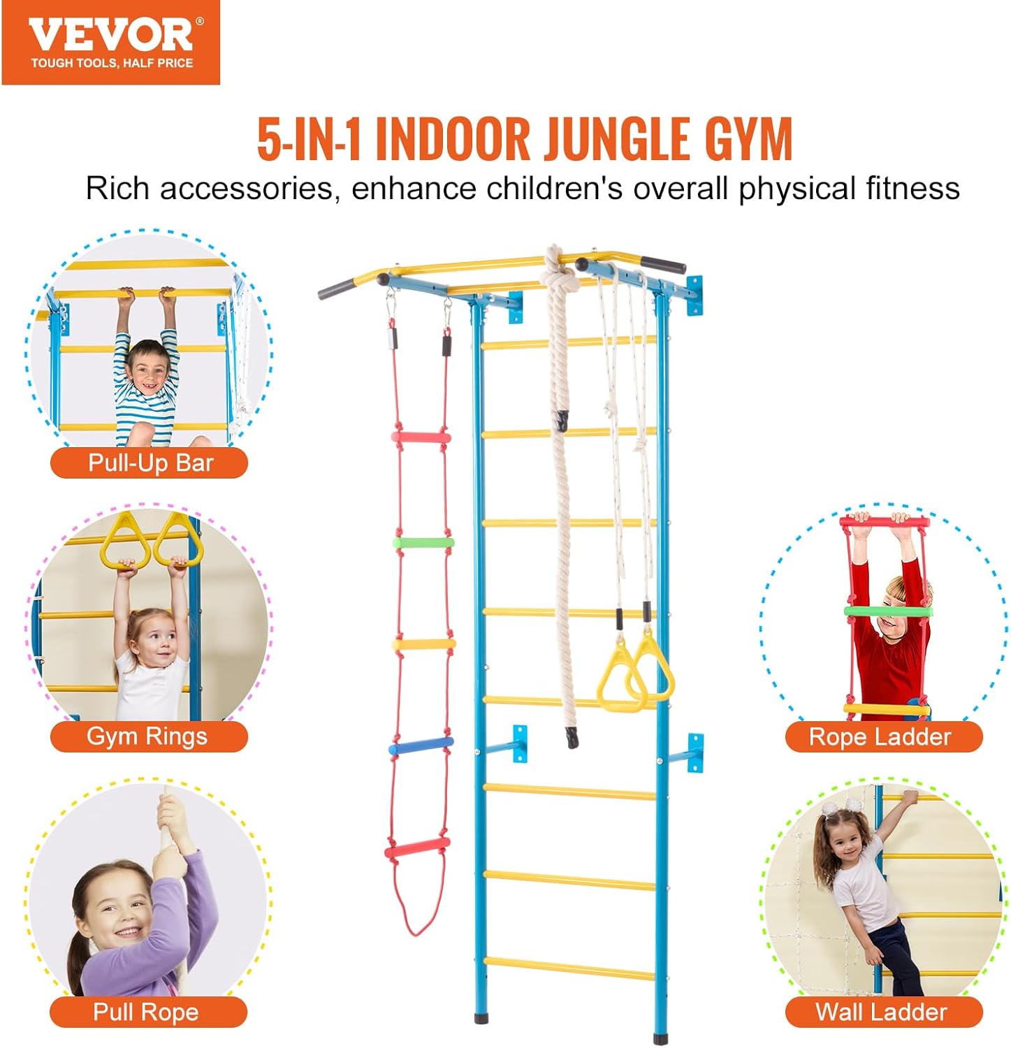 VEVOR Indoor Jungle Gym for Toddlers, 5-in-1 Climbing Playset with Carbon Steel Swedish Ladder, Wall Ladder, Pull-Up Bar, Rope Ladder, and Gymnastic Rings, Supports 220 lbs, Multicolor - Image 2