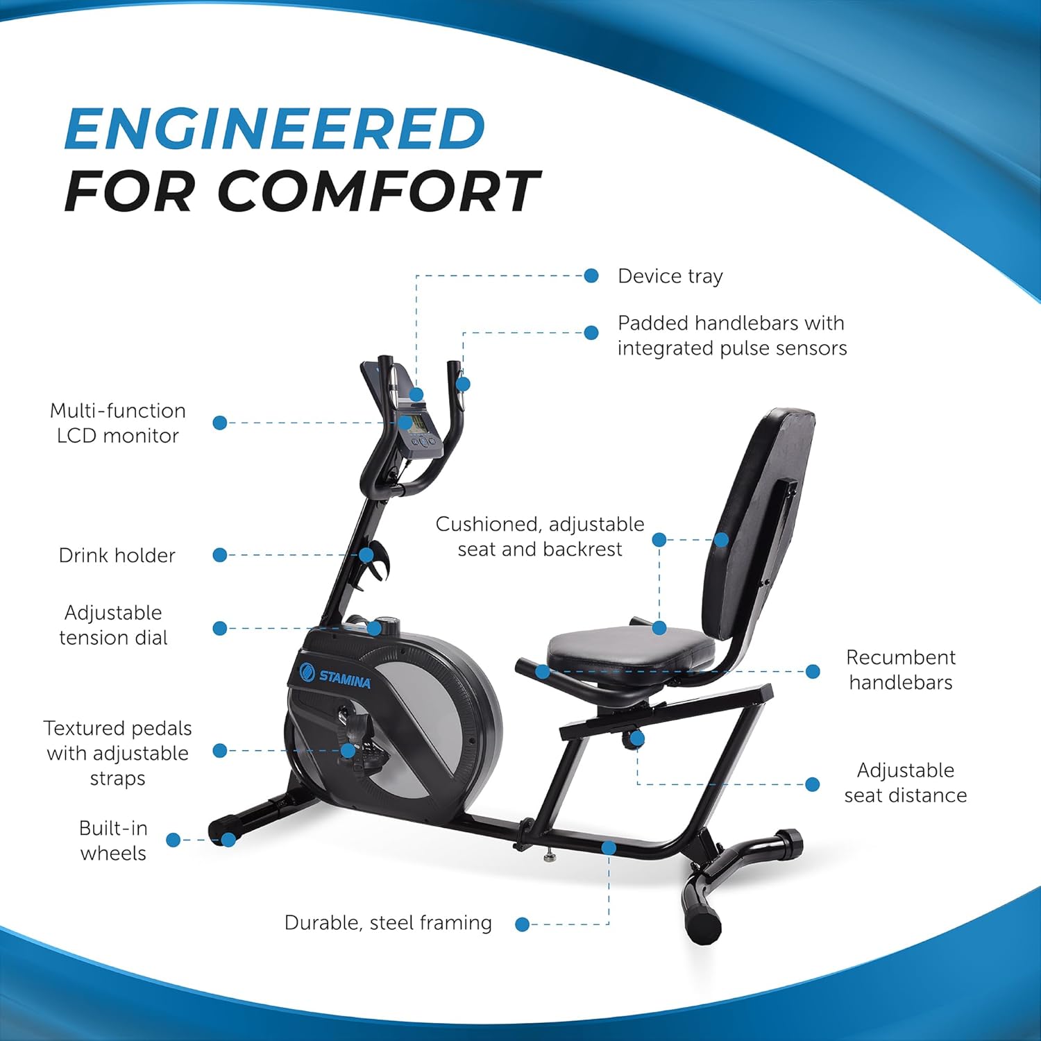 Stamina Recumbent Exercise Bike for Home 346 w/Smart Workout App - Stationary Bike for Adults, Seniors w/Large, Adjustable, Comfortable Seat & Walk-Thru Design - Image 5