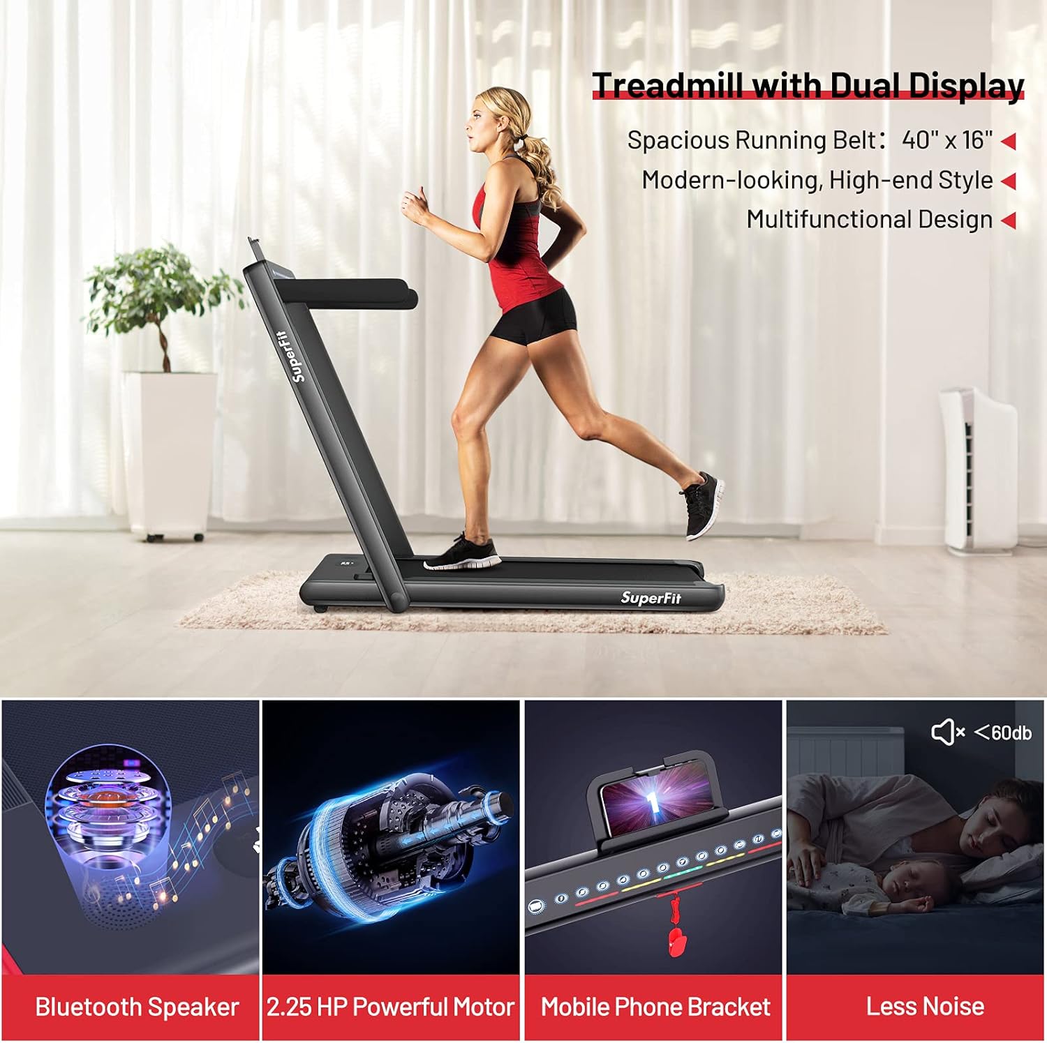 GYMAX Walking Pad, Dual LED Display 2 in 1 Under Desk Treadmill for Home with Remote & Smart App Control, 2.25HP Foldable Portable Treadmill Running Machine for Office Small Space - Image 8