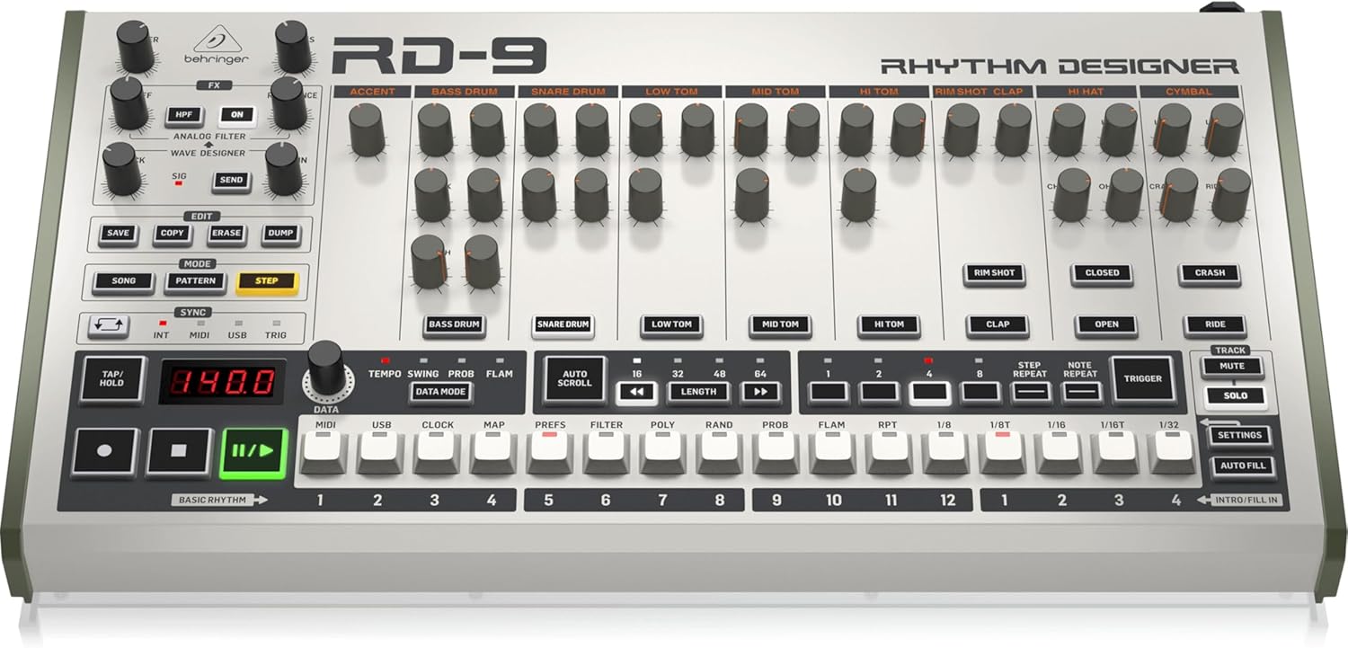 Behringer RHYTHM DESIGNER RD-9 Classic Analog/Digital Drum Machine with 11 Drum Sounds, 64-Step Sequencer, Wave Designer and Dual-Mode Filter - Image 2