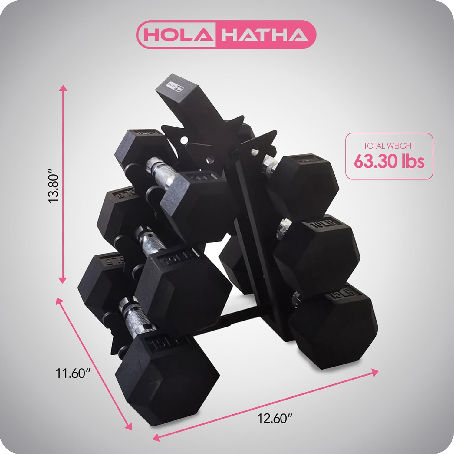 HolaHatha Hexagonal Dumbbell Free Hand Weight Set w/Rack - Image 3