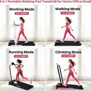 Foldable Walking Pad Treadmill with Adjustable Incline and Handle Bar, 3.5HP Portable Folding Treadmills for Home Small, 4 in 1 Under The Desk Electric Treadmill with Handles, 0.6-7.6MPH, 350LBS