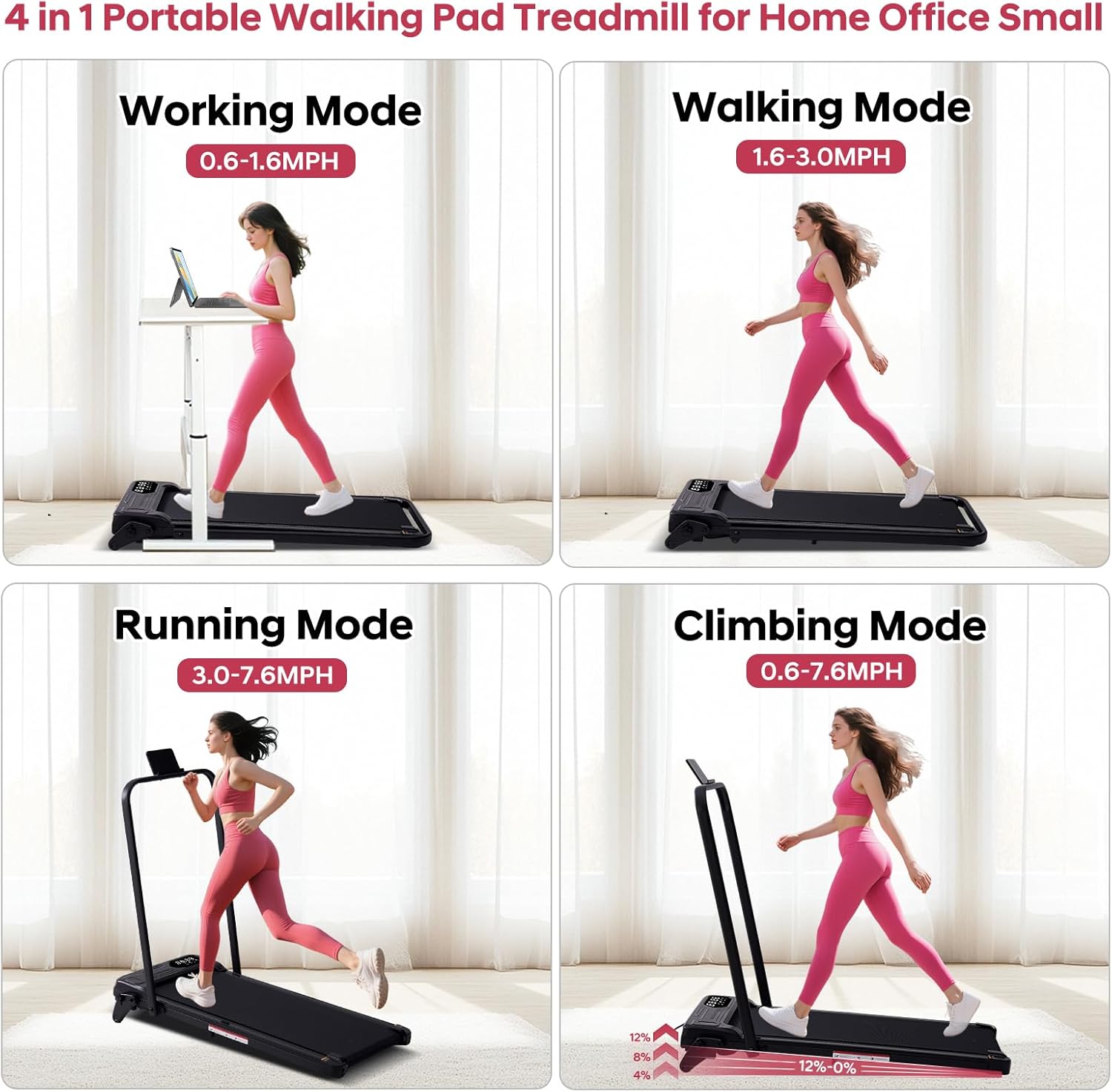 Foldable Walking Pad Treadmill with Adjustable Incline and Handle Bar, 3.5HP Portable Folding Treadmills for Home Small, 4 in 1 Under The Desk Electric Treadmill with Handles, 0.6-7.6MPH, 350LBS - Image 2