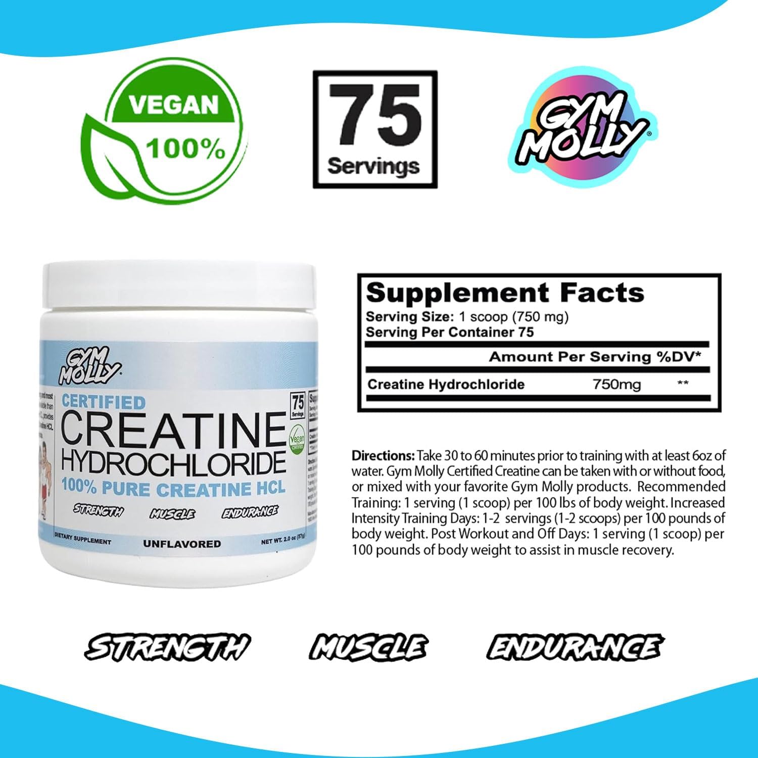 Gym Molly Creatine Hydrochloride Powder, Highly Soluble Creatine Hydrochloride, Unflavoured, Vegan, Workout Supplement for Men and Women, Muscle Builder Creatine Supplement (75 Servings, 750mg) - Image 6