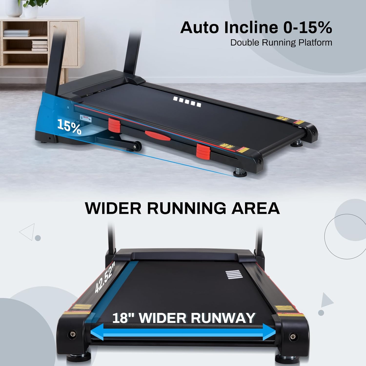 Treadmills for Home, 15% Auto Incline, 0.5-10 MPH, 18" Belt, 3 HP, 350lb Capacity, Foldable, Bluetooth App - Image 2