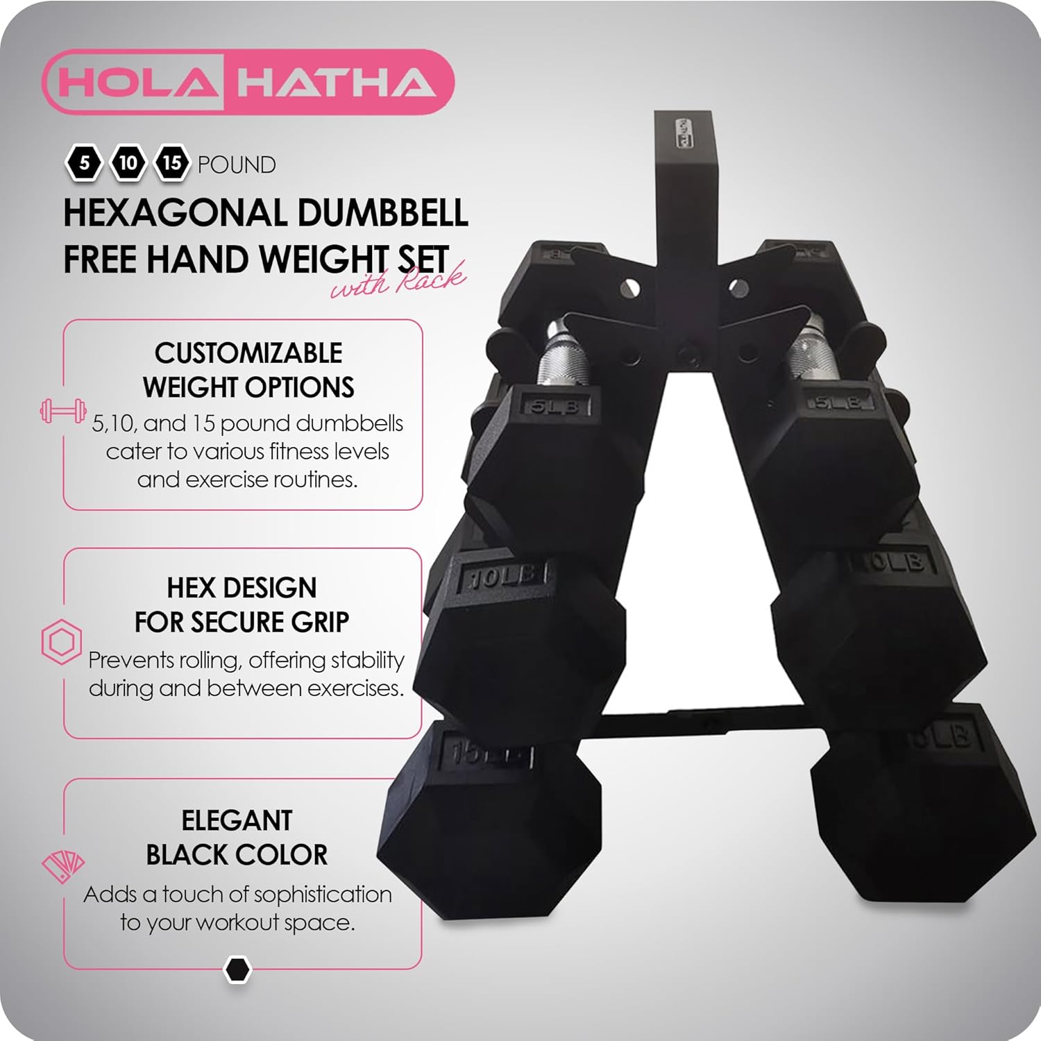 HolaHatha Hexagonal Dumbbell Free Hand Weight Set w/Rack - Image 2