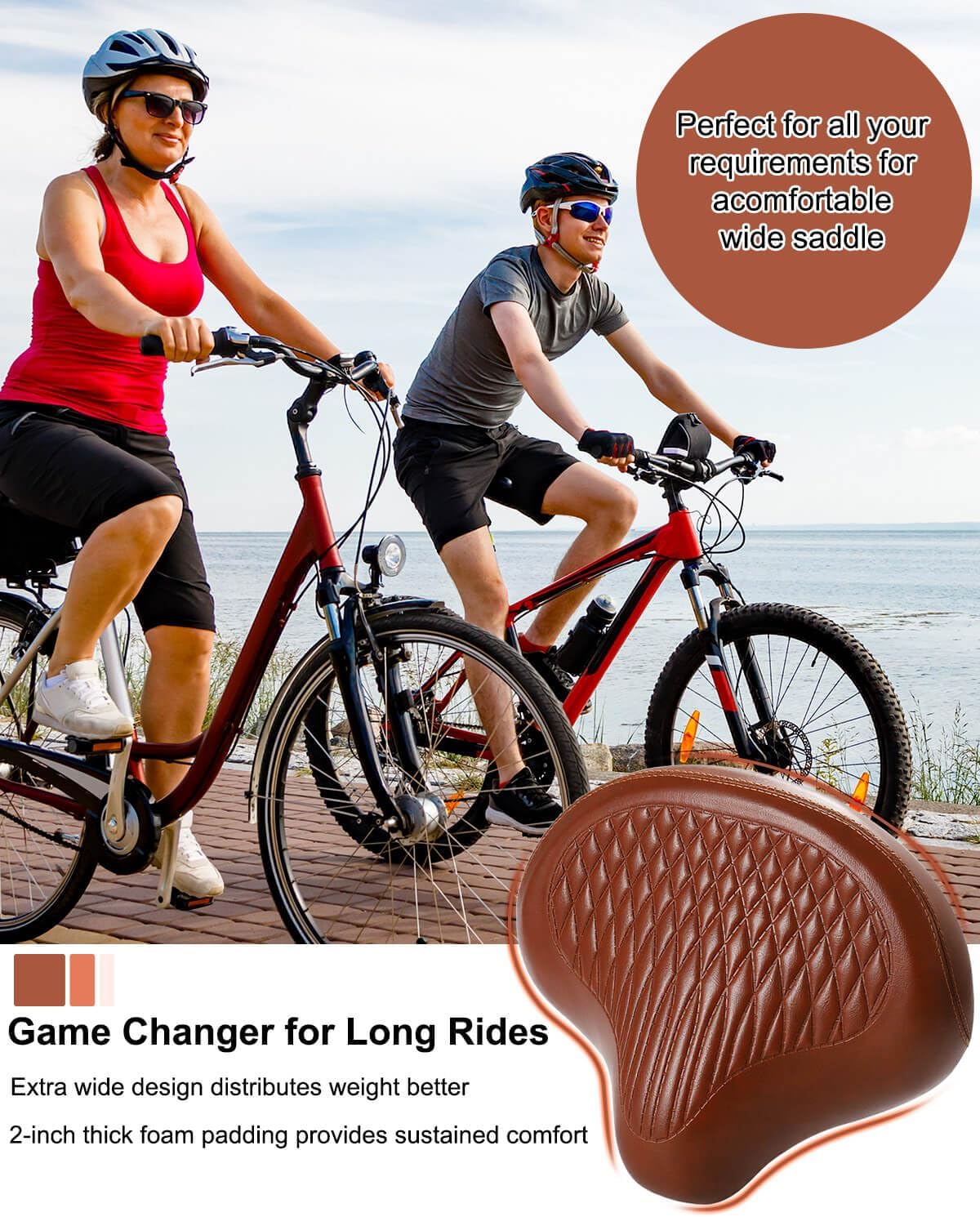 Wide Bike Seat for Women Men, Comfort Soft Vintage Padded Bicycle Saddle Cushion, Large Comfortable Replacement Seat for City, Cruiser, Ebike, Beach & Mountain Bicycle, Scooter, Stationary Bike - Image 7