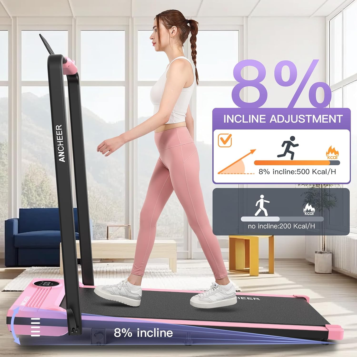 ANCHEER Walking Pad Treadmill with Incline and Handle Bar - Under Desk Treadmill 4 in 1 Folding Treadmills for Home Office/LED Display/Dual Control/12 Preset Programs - Image 2