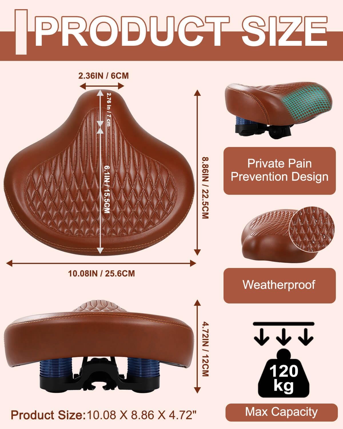 Wide Bike Seat for Women Men, Comfort Soft Vintage Padded Bicycle Saddle Cushion, Large Comfortable Replacement Seat for City, Cruiser, Ebike, Beach & Mountain Bicycle, Scooter, Stationary Bike - Image 2
