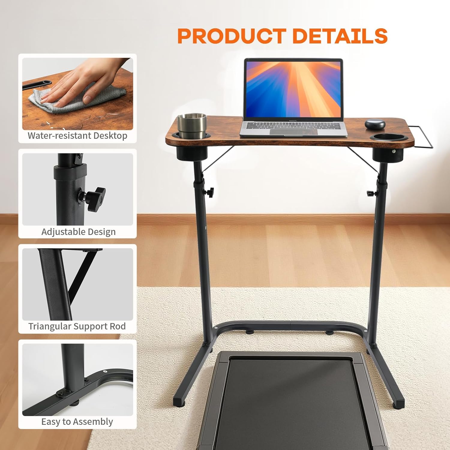 Treadmill Desk, Small Standing Desk for Walking Pad, 30-47 Inch Adjustable Height Walking Pad Stand for Treadmill, Portable Standing Table for Bike and Home Office Work - Brown - Image 5
