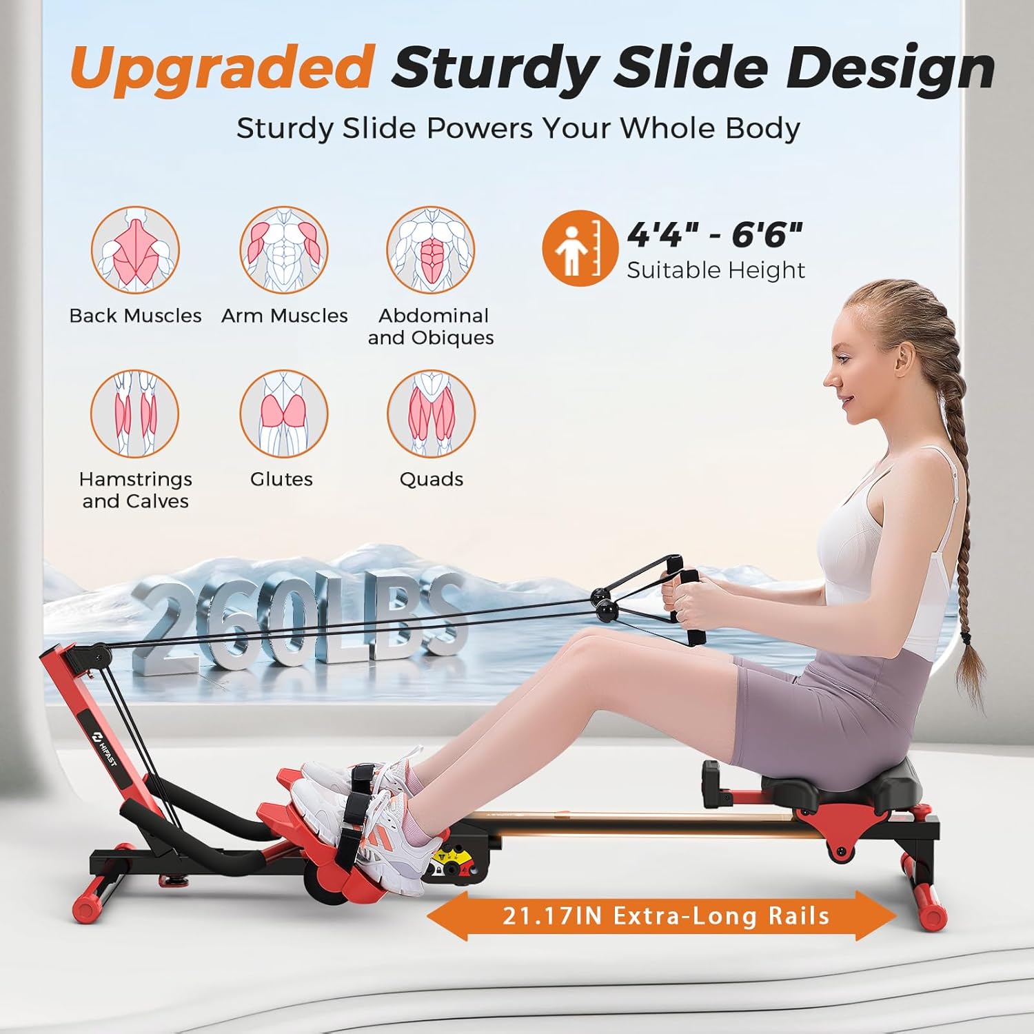 Rowing Machine, 4 in 1 Rowing and Ab Machine with 2 Levels of Workout Resistance, Quiet & Foldable Rower Machine with 3 Adjustable Handle Heights & LCD Monitor, Row Machine for Home Exercise - Image 3