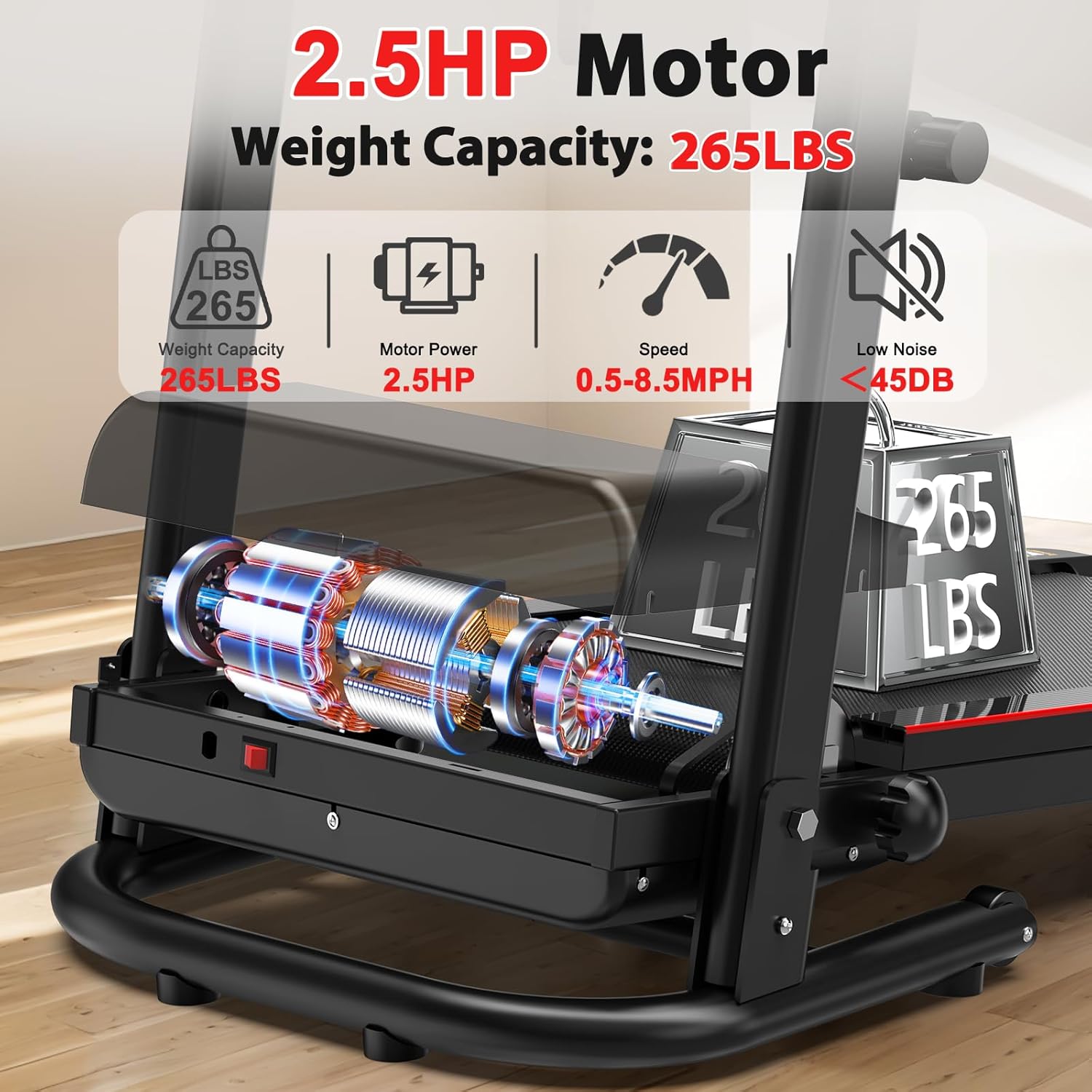 Foldable Treadmill 3.0 HP Quiet Brushless, 7.5 MPH, 300 LBS Capacity for Indoor Home Gym Use with Pulse Sensor LED Display Treadmill with Bluetooth Speaker - Image 5