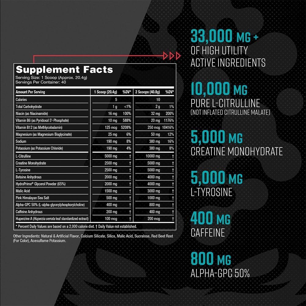Gorilla Mind Pre Workout - Massive Pumps Laser Focus Energy Power - L-Citrulline, Creatine, L-Tyrosine, Betaine, Hydroprime, Alpha-GPC, 400mg Caffeine, Huperzine A 800g (BlackBerry Lemonade) - Image 7