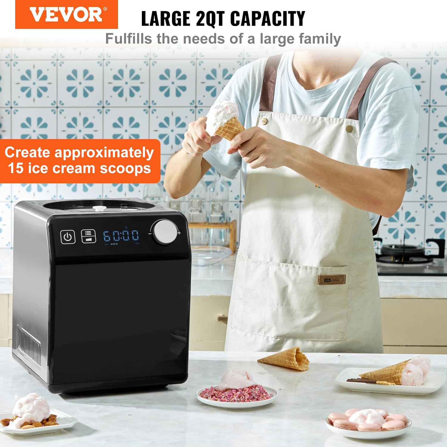 VEVOR Upright Automatic Ice Cream Maker with Built-in Compressor, 2 Quart No Pre-freezing Fruit Yogurt Machine, Stainless Steel Electric Sorbet Maker, 4 Modes Gelato Maker with Digital Display & Timer - Image 2