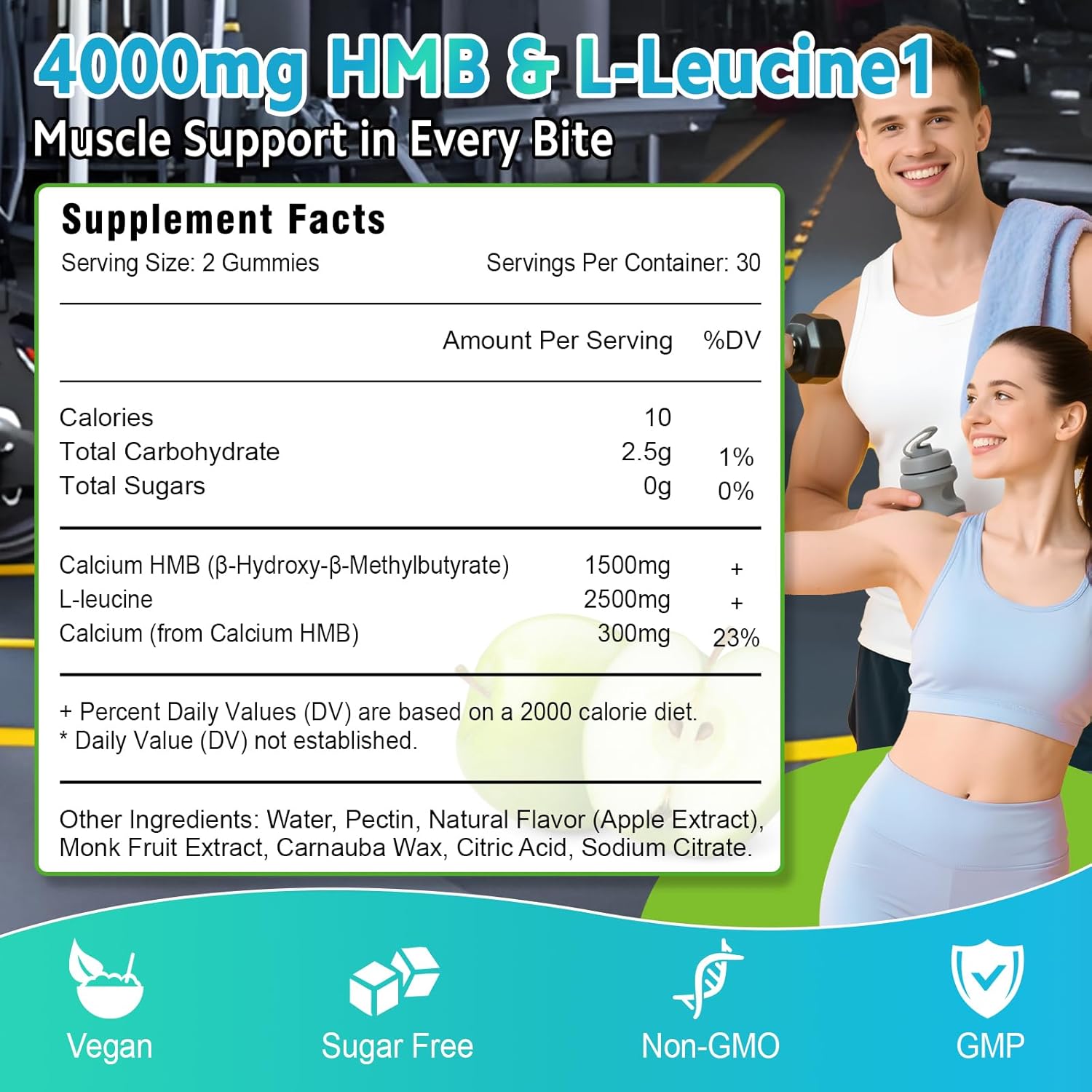 HMB and L-Leucine Gummies, 4000mg HMB and Leucine Supplements Amino Acid Gummies for Men & Women, Support Muscle Growth, Muscle Relief and Workout Recovery, Sugar-Free, Vegan, Apple Flavor, 60 Count - Image 6