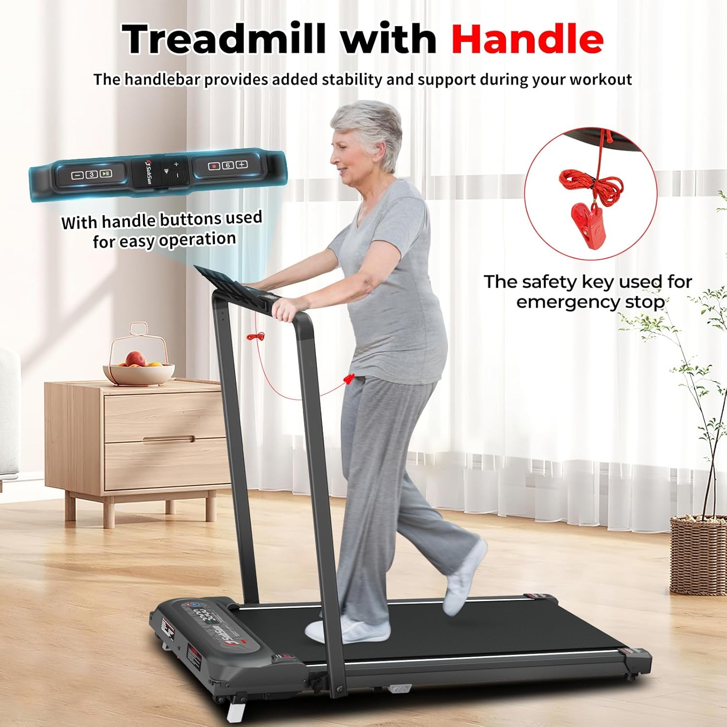 SubSunFolding Treadmill, Walking Pad with Handle, Under Desk Portable Treadmill for Home, Black/White - Image 4