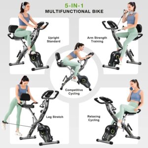 Exercise Bike, 5 in 1 Foldable Stationary Bike for Seniors, 16-Level Adjustable Magentic Resistance, Indoor Workout Bike with 330LB Capacity, Comfortable Seat Backrest X-bike