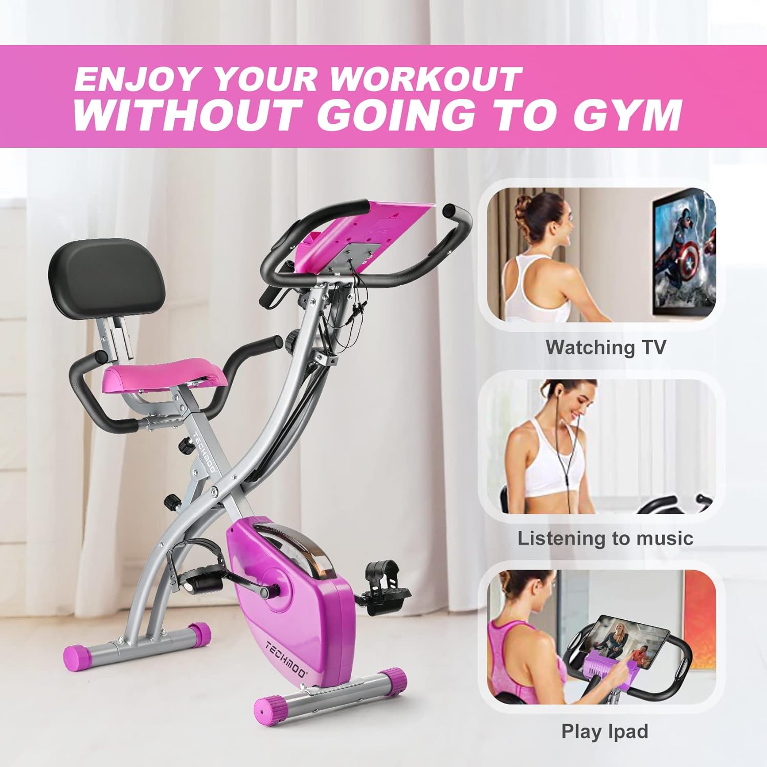 Folding Exercise Bike Portable Upright Adjustable Backrest Cycling Recumbent Stationary Bike Slim Indoor Workout Fitness Cardio Foldable Exercise Bicycle Machine with Pulse Sensor LCD Monitor Arm Resistance Bands - Image 6