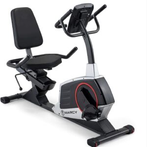 Marcy Regenerating Recumbent Exercise Bike with Adjustable Seat, Pulse Monitor and Transport Wheels ME-706