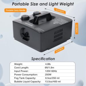 Fog Bubble Machine, 2 in 1 Professional Smoke Bubble Maker for Stage Party Halloween Christmas Wedding Birthday, 8000+Fog Filled Bubble Per Minute, 250W (Black）