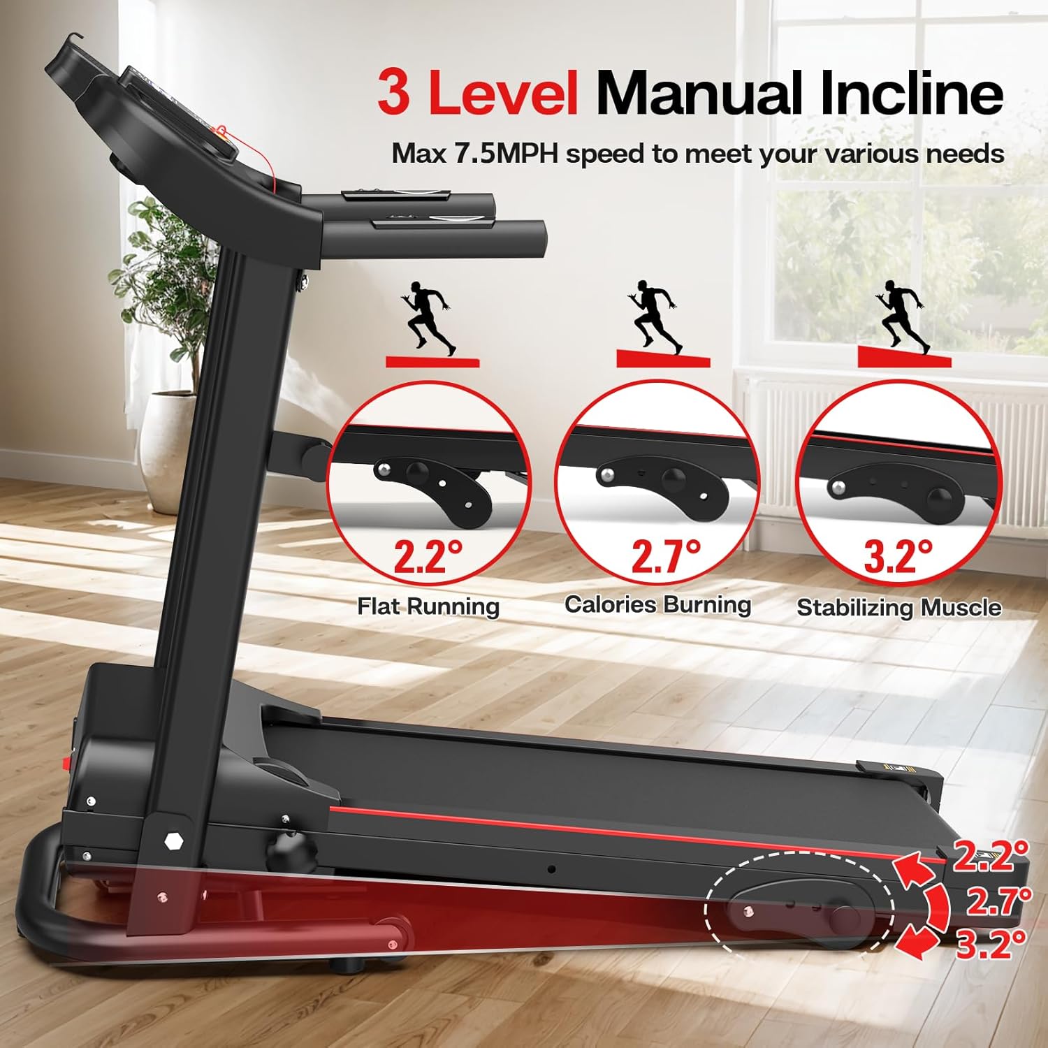Foldable Treadmill 3.0 HP Quiet Brushless, 7.5 MPH, 300 LBS Capacity for Indoor Home Gym Use with Pulse Sensor LED Display Treadmill with Bluetooth Speaker - Image 6
