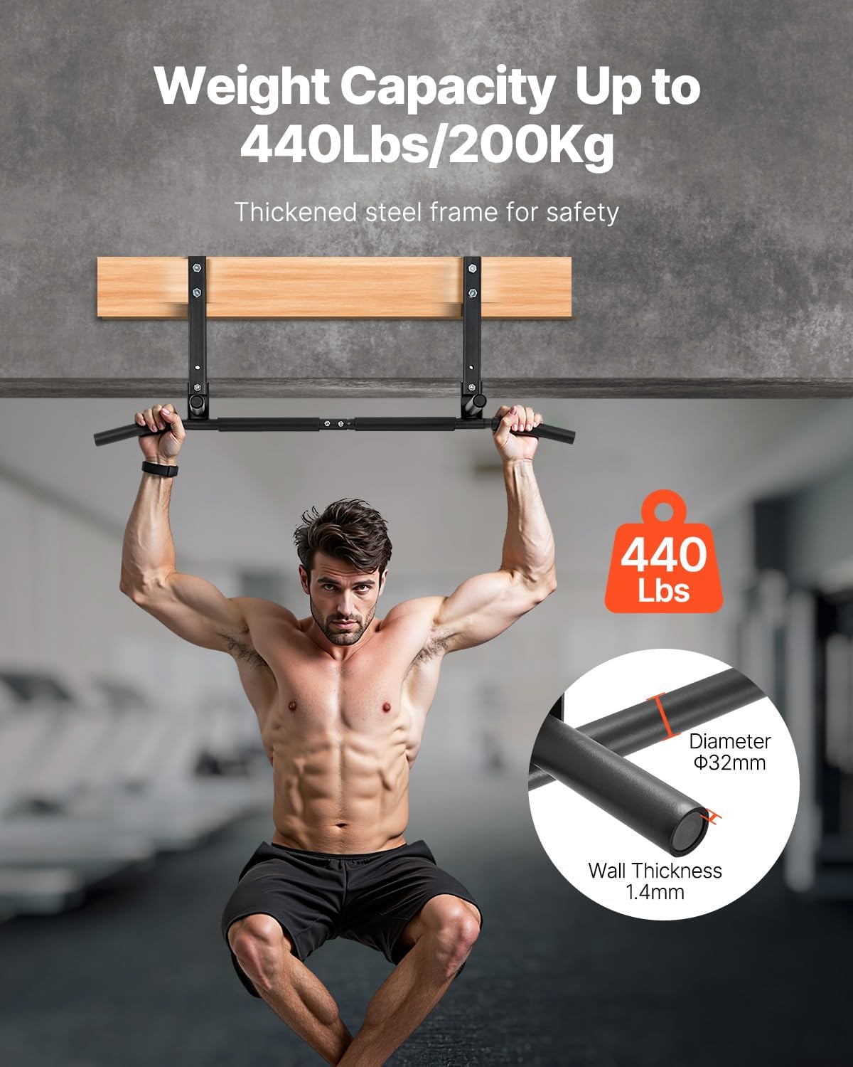 VEVOR Joist Mount Pull Up Bar, Ceiling Mounted Chin Up Bar for Home Gym, Multi-Grip Pull Ups, 42 in Width Multifunctional Training Station, Heavy Duty Steel Upper Body Workout Bars, 440 lbs Capacity - Image 2