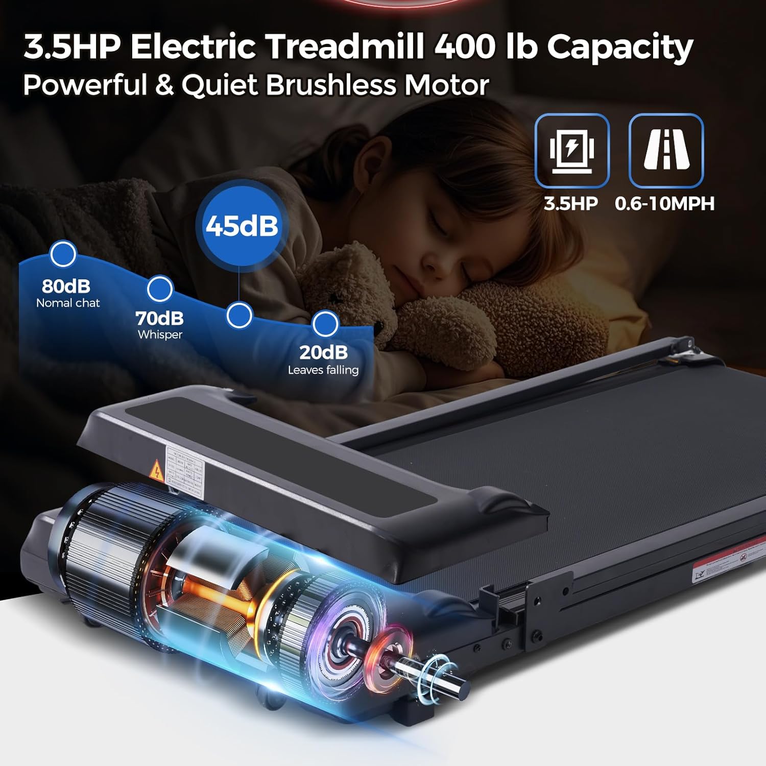 Walking Pad Treadmill with Handle Bar, Compact Portable Treadmills for Home Small, Electric Walking Pads with Handles, 3.5HP Quiet Motor and LED Display, 400 LBS Capacity - Image 5