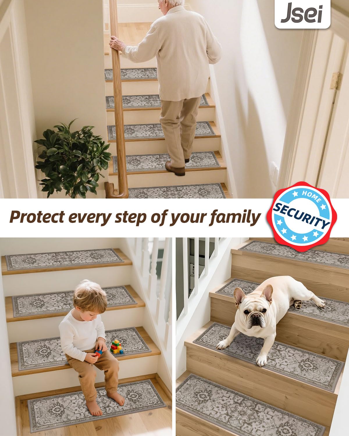 JSEI Stair Treads for Wooden Steps, 15 Pack 8" X 30" Non-Slip Machine Washable Carpet Stair Treads with TPE Backing, Soft Indoor Stair Rug Runner for Kids Elders & Pets, 100% Polyester, Beige/Brown - Image 8