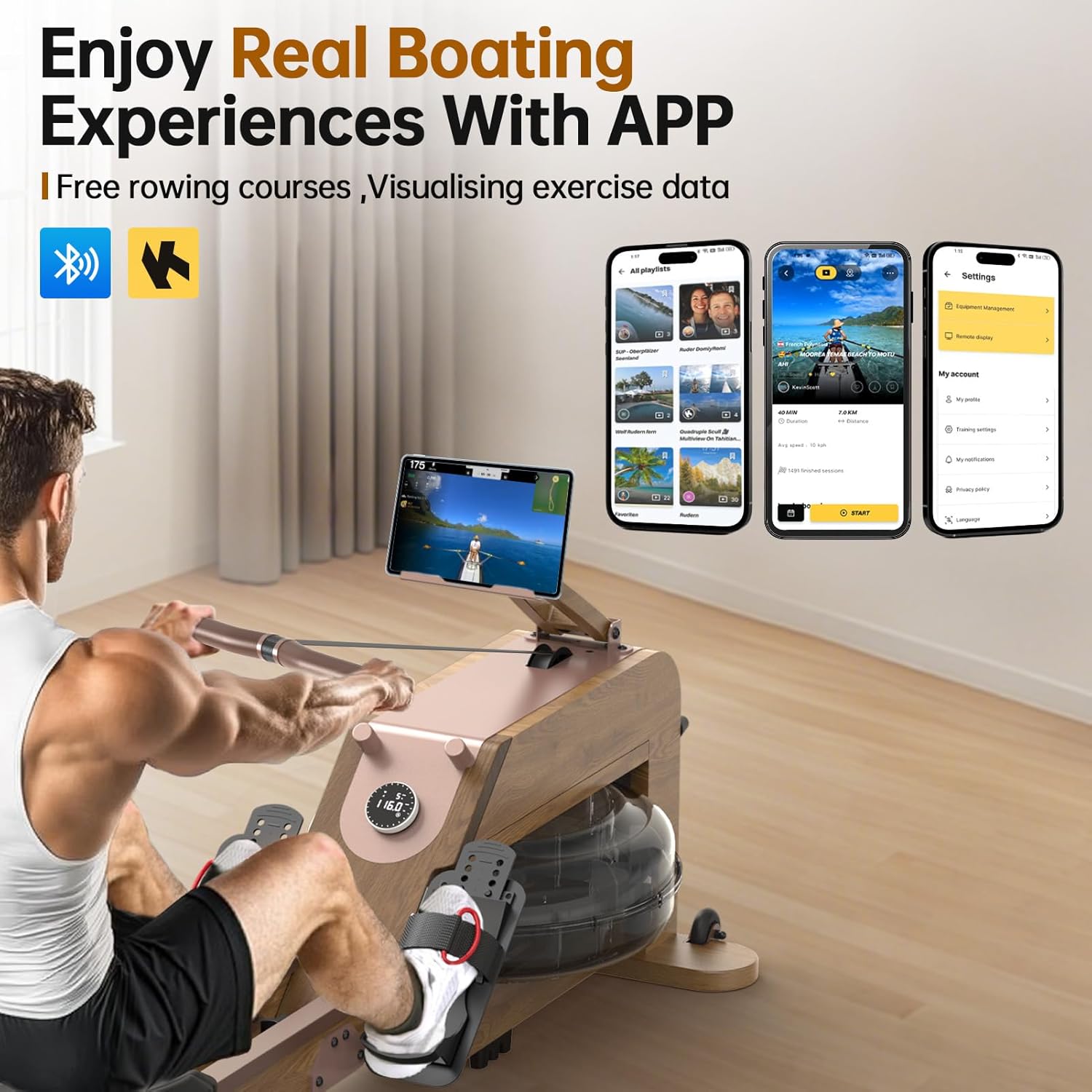 Water Rowing Machines for Home, Rower Machine with 12 Propellers & 28L Large Water Tank, 6-Level Resistance, with Multifunctional Display and Adjustable Stand, Max Load 330LBS - Image 8